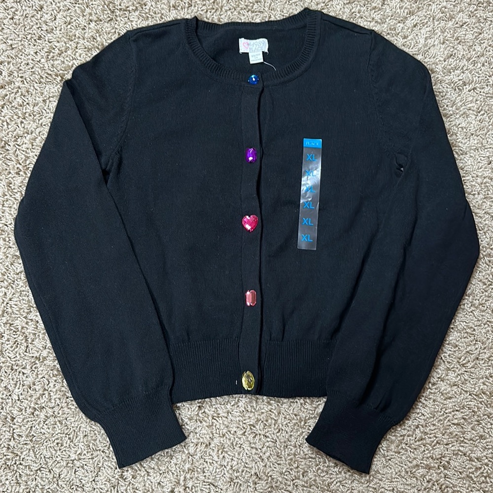 NWT Girls XL Size 14 Children’s place Black button-up cardigan sweater gemstones